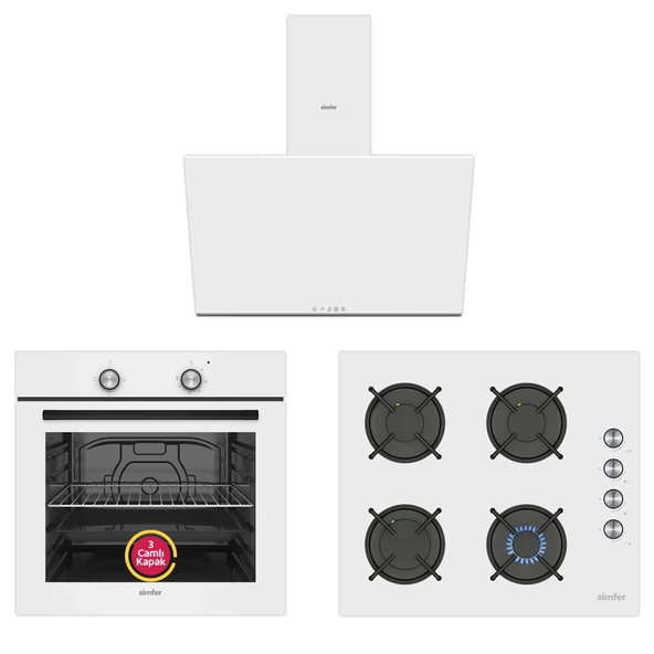 Simfer 4 Fonksiyon Trend Beyaz Cam 3'lü Ankastre Set (8253 Fırın - 3048 Ocak - 8728 Davlumbaz) ürün görseli