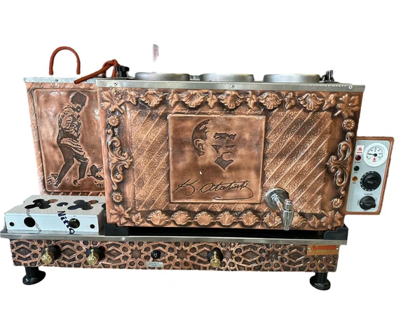 Meşale 3 Demlikli Antik Bakır Atatürk Desen Elektrik + Gazlı Full Otomatik Çay Kazanı ürün görseli 1
