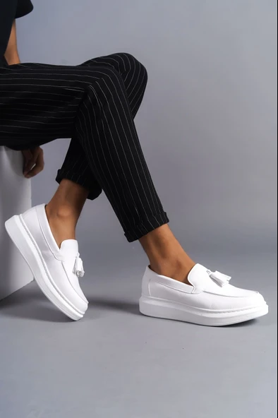 ET154 Blaze Bağcıksız Püsküllü Cilt Erkek Günlük Spor Klasik Ayakkabı BT - Beyaz - Resim 3