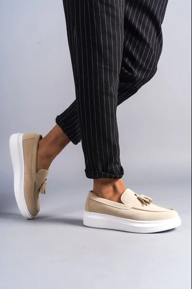 ET154 Blaze Bağcıksız Püsküllü Süet Erkek Günlük Spor Klasik Ayakkabı BT - Krem - Resim 2