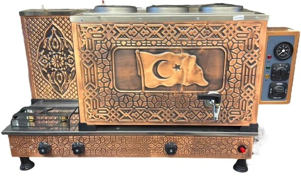 Demsu 3 Demlikli Antik Bakır Türk Bayraklı Elektrik + Gazlı Full Otomatik Çay Kazanı