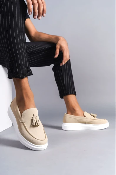 ET154 Blaze Bağcıksız Püsküllü Süet Erkek Günlük Spor Klasik Ayakkabı BT - Krem ürün görseli