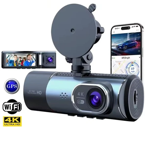 Powermaster PM-27086 3.16" Tft Ekran Çift Kameralı Gps Modüllü Hd Araç Kamerası Dvr (128Gb Destekli)