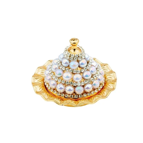 İncili ve Swarovski Taşlı Lokumluk Kahve Yanı Çikolatalık DrajelikKubbeli No.1 Sarı - 2