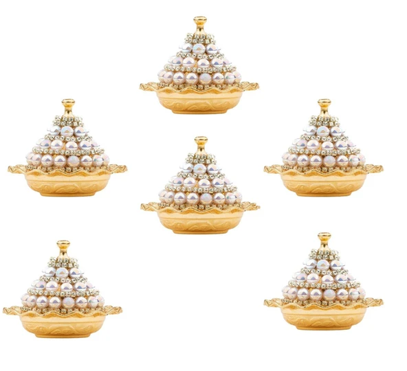 İncili ve Swarovski Taşlı Lokumluk Kahve Yanı Çikolatalık DrajelikKubbeli No.1 Sarı