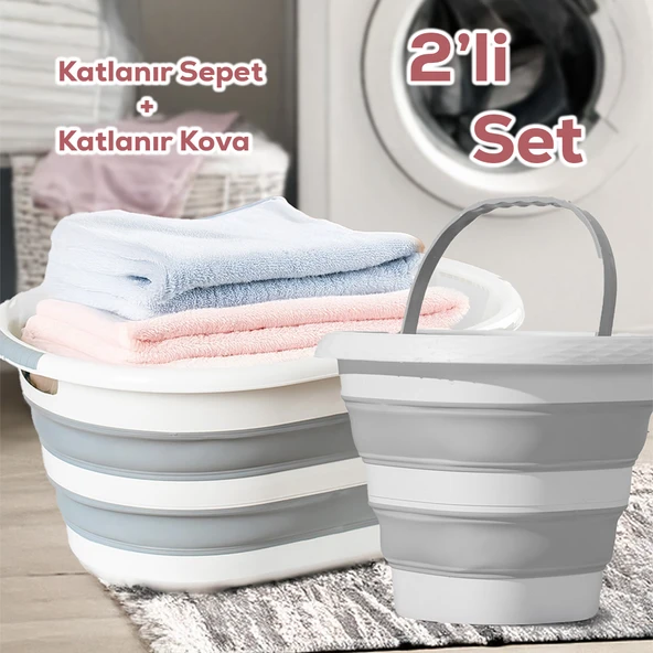 Porsima 2li Katlanır Temizlik Seti - Katlanır Sepet 25lt - Katlanır Kova 10lt