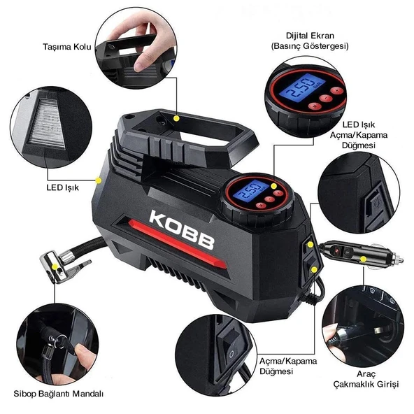 KOBB KB180 12Volt 150 PSI Ayarlanabilir Dijital Basınç Göstergeli Lastik Şişirme Pompası - 12