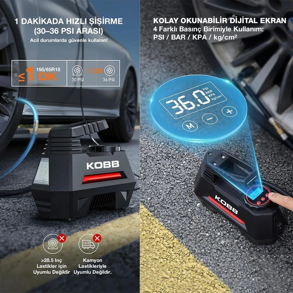 KOBB KB180 12Volt 150 PSI Ayarlanabilir Dijital Basınç Göstergeli Lastik Şişirme Pompası - 4