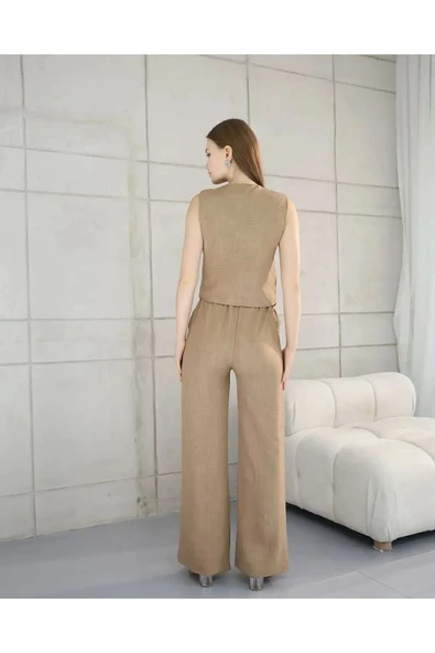 Yeni Sezon İkili Sofya Keten Cepli Yelekli Pantolon Takım - 5
