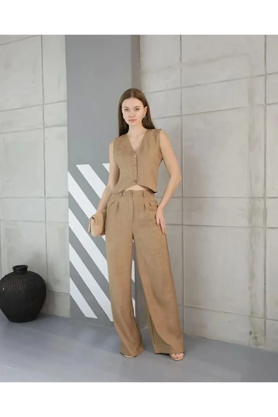 Yeni Sezon İkili Sofya Keten Cepli Yelekli Pantolon Takım - 4