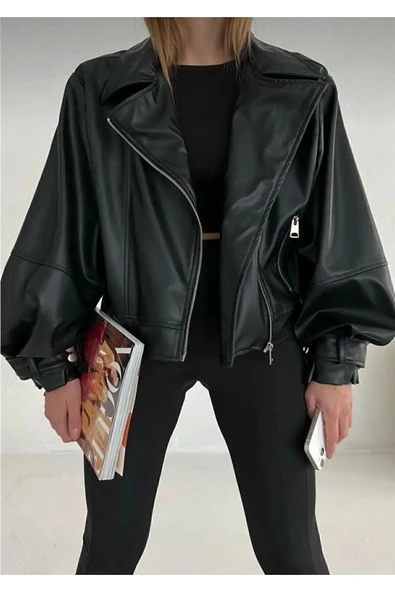 Siyah Balon Kol Deri Kadın Ceket - 2