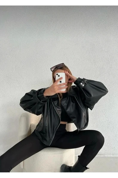 Siyah Balon Kol Deri Kadın Ceket - 3