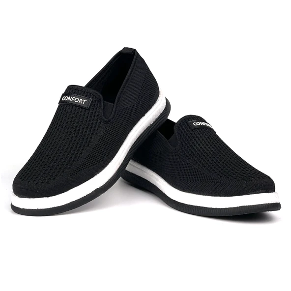 Erkek Siyah Beyaz Çok Hafif Triko Bağcıksız Esnek Hafif Günlük Casual Sneaker Spor Ayakkabı - 2