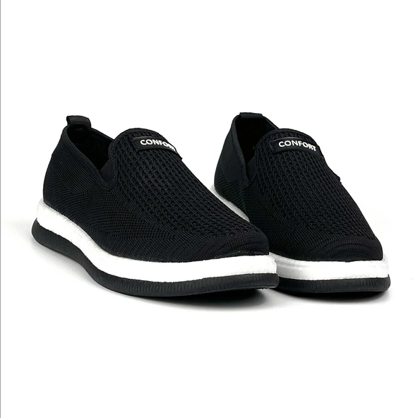 Erkek Siyah Beyaz Çok Hafif Triko Bağcıksız Esnek Hafif Günlük Casual Sneaker Spor Ayakkabı - Resim 3