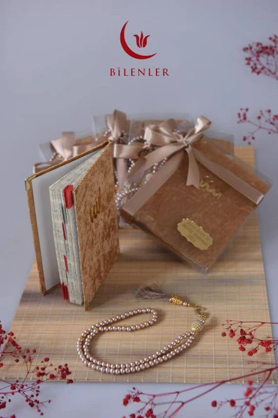 Kutulu 128 Sayfa Kadife Yasin ve İnci Tesbih Seti Gold - Resim 5