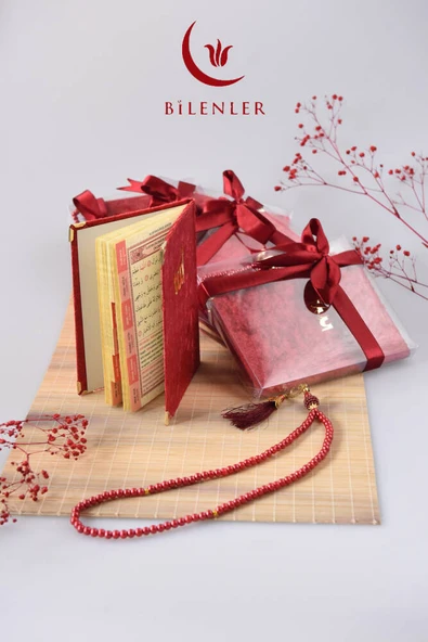 Kutulu 128 Sayfa Kadife Yasin ve İnci Tesbih Seti Kırmızı - Resim 2