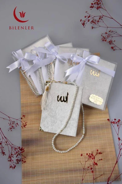 Kutulu 128 Sayfa Kadife Yasin ve İnci Tesbih Seti Beyaz - Resim 6