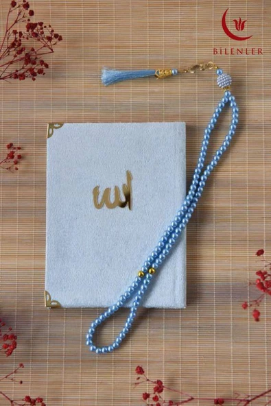 Kutulu 128 Sayfa Kadife Yasin ve İnci Tesbih Seti Mavi - Resim 6