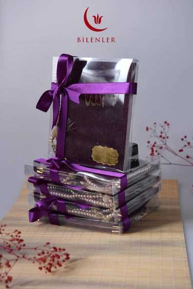 Kutulu 128 Sayfa Kadife Yasin ve İnci Tesbih Seti Mor ürün görseli