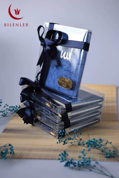 Kutulu 128 Sayfa Kadife Yasin ve İnci Tesbih Seti Lacivert 5 Adet - Resim 6