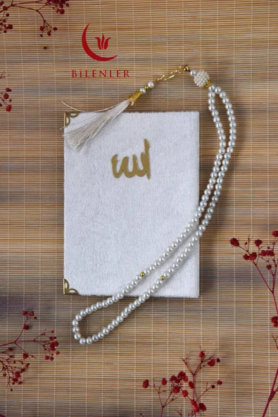 Kutulu 128 Sayfa Kadife Yasin ve İnci Tesbih Seti Beyaz 5 Adet - Resim 5