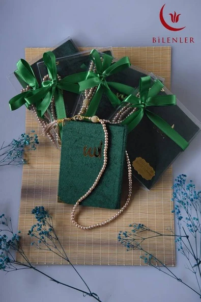 Kutulu 128 Sayfa Kadife Yasin ve İnci Tesbih Seti Yeşil 5 Adet ürün görseli