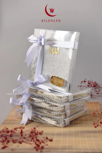 Kutulu 128 Sayfa Kadife Yasin ve İnci Tesbih Seti Beyaz 5 Adet - Resim 6