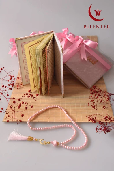 Kutulu 128 Sayfa Kadife Yasin ve İnci Tesbih Seti Pembe - Resim 5