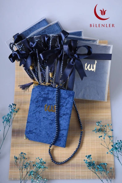 Kutulu 128 Sayfa Kadife Yasin ve İnci Tesbih Seti Lacivert - Resim 6