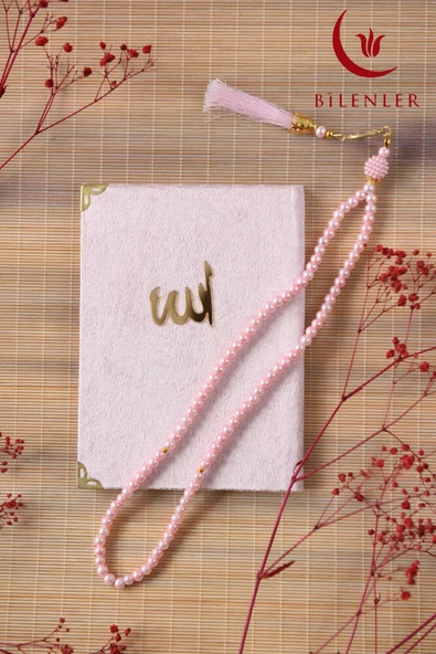 Kutulu 128 Sayfa Kadife Yasin ve İnci Tesbih Seti Pembe - Resim 2