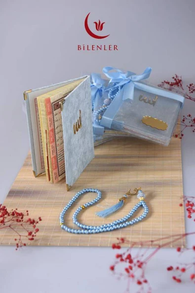 Kutulu 128 Sayfa Kadife Yasin ve İnci Tesbih Seti Mavi 5 Adet - Resim 2