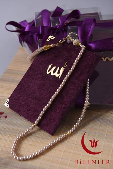 Kutulu 128 Sayfa Kadife Yasin ve İnci Tesbih Seti Mor - Resim 6