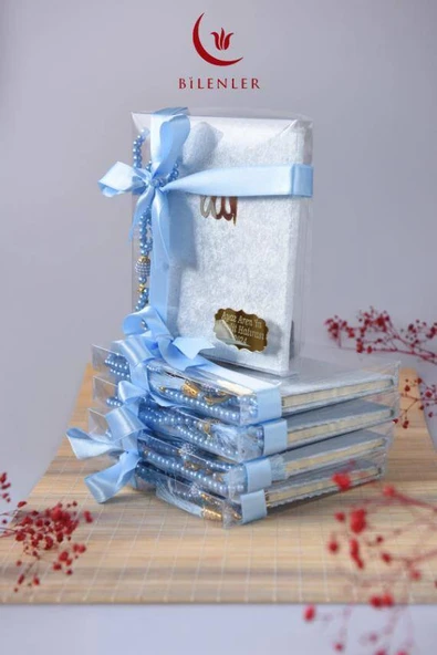 Kutulu 128 Sayfa Kadife Yasin ve İnci Tesbih Seti Mavi 5 Adet - Resim 5