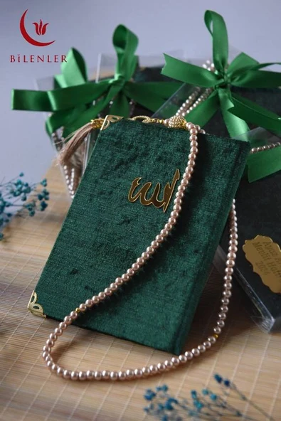 Kutulu 128 Sayfa Kadife Yasin ve İnci Tesbih Seti Yeşil - Resim 4