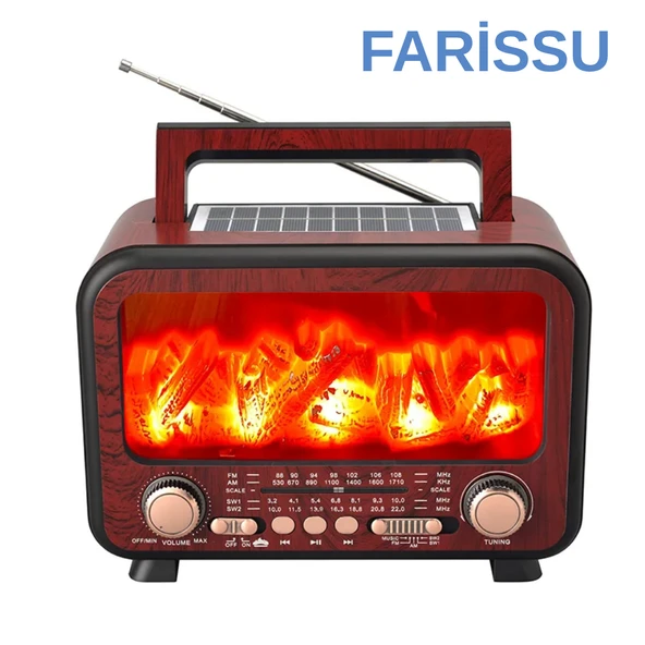 FP-2393S Retro Tasarımlı Alev Işıklı Bluetooth Hoparlör – Güneş Enerjili, Radyo, USB, TF Kart Destekli - 5