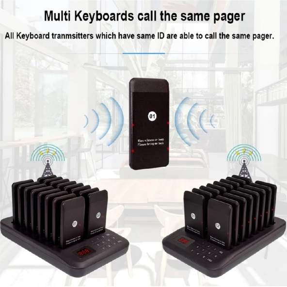 Müşteri Çağrı Sistemi 16'Lı Kablosuz Siyah Titreşim Ses Işık Çoğaltılabilir - 9