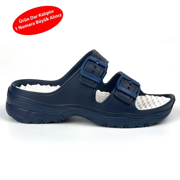 Unisex Lacivert Beyaz Çift Tokalı Kaymaz Taban Ayarlanabilir Hafif Günlük Plaj Terlik ürün görseli