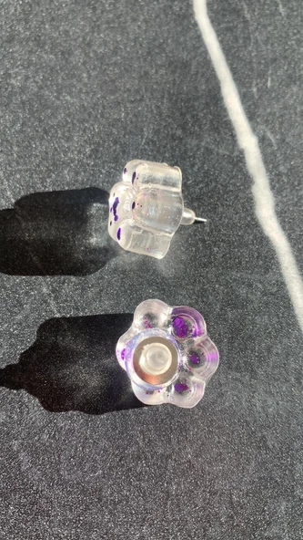 Şeffaf Epoksi Içinde Mor Renk Glitterli Kedi Köpek Pati Şekilli Küpe Gümüş Aksesuarlı El Yapımı - Resim 8