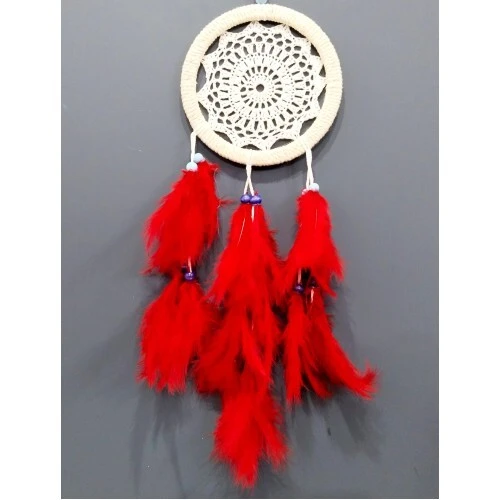 Kırmızı Kuş Tüylü Dream Catcher El Yapımı Düş Kapanı Duvar Süsü - 2