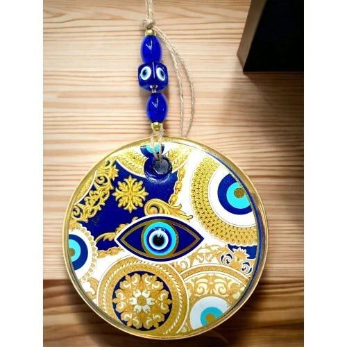 Sarı Motifli Mavi İşlemeli Nazar Boncuk Gözlü Duvar Süsü - 1