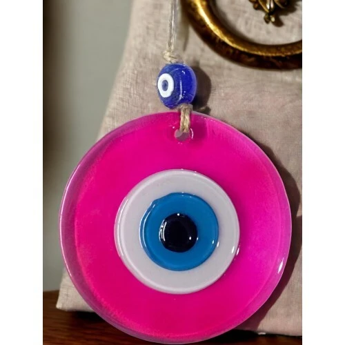 Şeffaf Pembe Nazar Boncuklu Duvar Süsü 10 Cm Cam Duvar Dekoru - 3