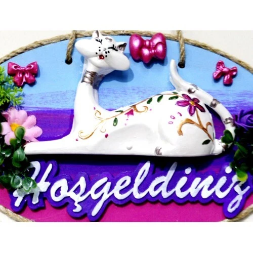 Kedi Figürlü Hoşgeldiniz Yazılı El Boyaması Renkli Kapı Süsü - 1
