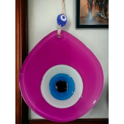 Mavi Nazar Boncuklu Pembe Renk Nazar Boncuklu Damla Desen El Yapımı Duvar Süsü - 3
