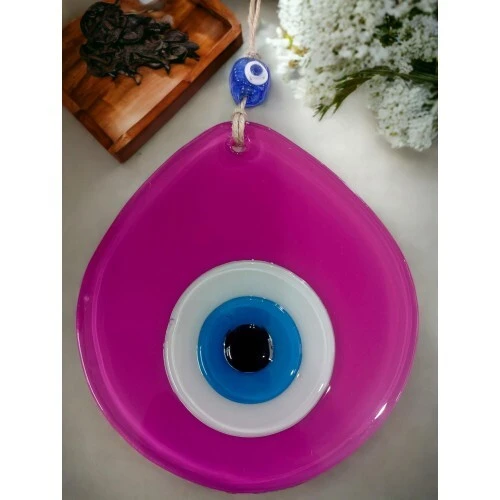 Mavi Nazar Boncuklu Pembe Renk Nazar Boncuklu Damla Desen El Yapımı Duvar Süsü - 2