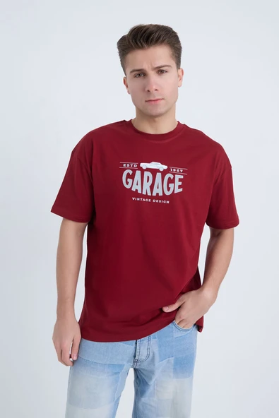 Moxe Collection Erkek Oversize Baskılı Tişört Bordo Garage