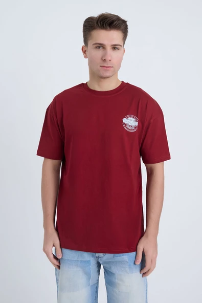 Moxe Collection Erkek Oversize Baskılı Tişört Bordo Original Vintage