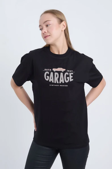 Moxe Collection Kadın Oversize Baskılı T-Shirt Siyah Garage