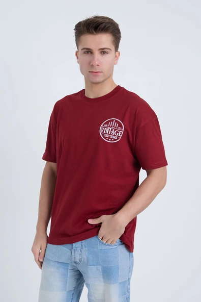 Moxe Collection Erkek Oversize Baskılı Tişört Bordo Vintage 2021