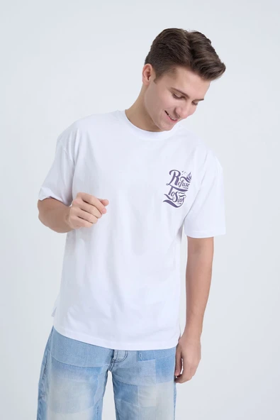 Moxe Collection Erkek Oversize Baskılı Tişört Beyaz Refuse To Sink
