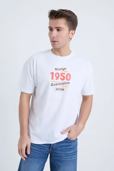 Moxe Collection Erkek Oversize Baskılı Tişört Beyaz 1950